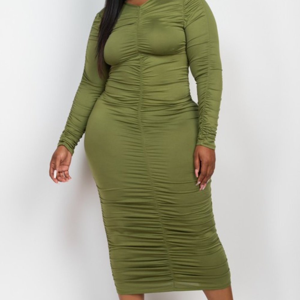 Ruched Long Sleeve Midi Dress - Picture 2 of 5
